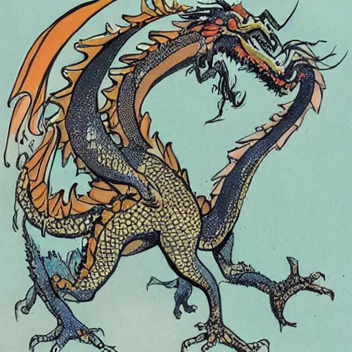 Prompt: dragon designs by quenten blake, bill waterson