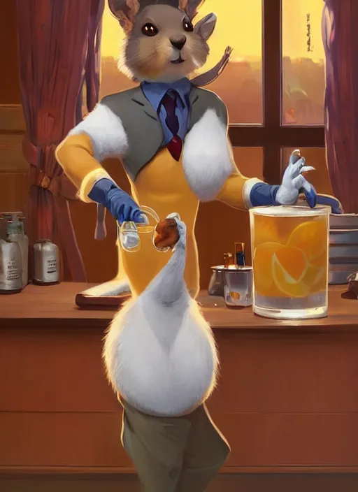 Image similar to squirrel anthro as a dapper bartender with a big, fluffy tail, retro futurism, art deco, detailed, painterly digital art by WLOP and Cory Loftis and Steve Henderson, 🐿🍸🍋, furaffinity, trending on artstation