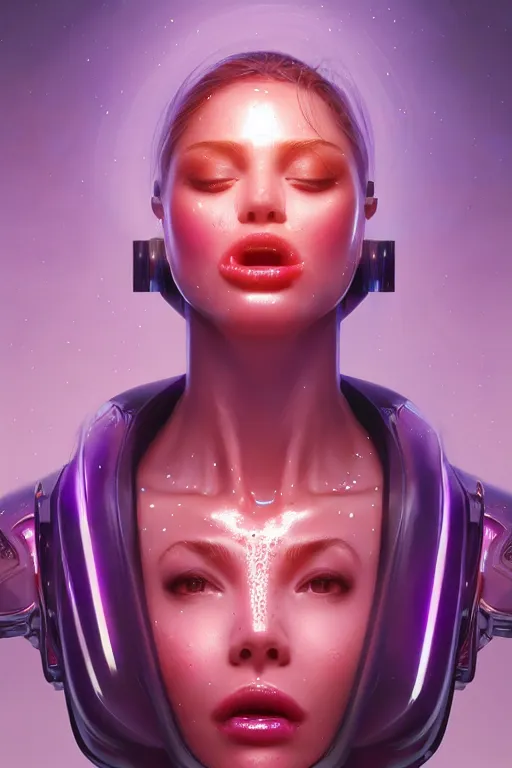 Image similar to attractive female i robot sticking tongue out sensually and sweating, full body portrait, intricate, elegant, purple volumetric lighting, scenery, digital painting, highly detailed, artstation, sharp focus, illustration, concept art, luis rollo, ruan jia, steve mccurry, john berkey