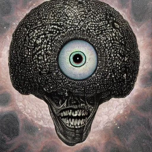 Image similar to an gothic, cosmic horror eyeball made out of hundreds of smaller eyeballs in a dark, atmospheric painting