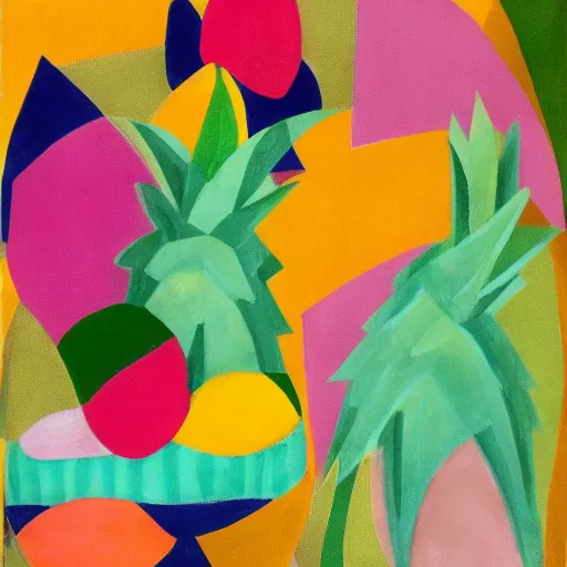 Image similar to pineapples and mangos in the style of eileen agar