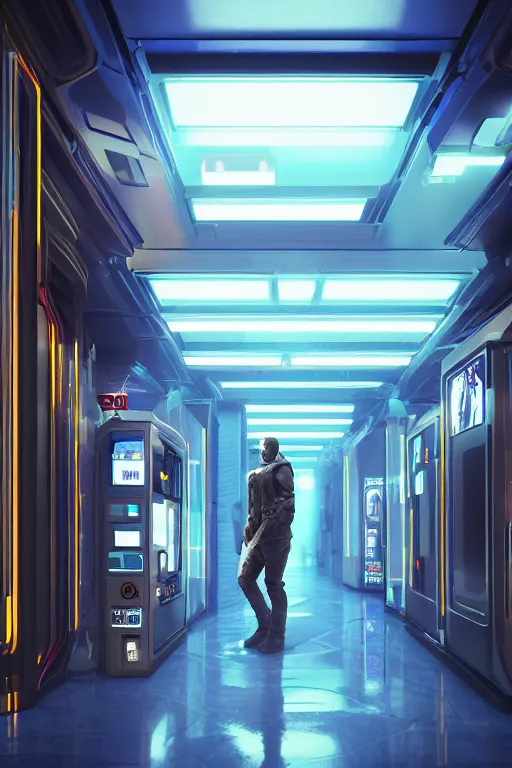 Image similar to in a corridor, a human in a still suite from dune in front of a vending machine, his profile and face lit by the blue neon light of the machine in front of him, blade runner style, gloomy mood, hyper-realistic environment,Epic concept art. Octane render and Unreal Engine