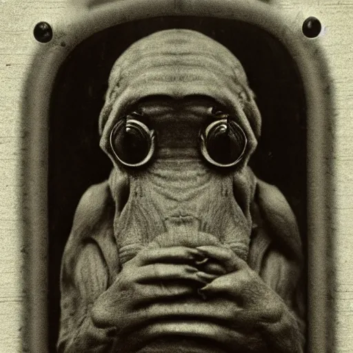 Image similar to tardigrade!!! daguerreotype portrait photograph. inspired by gerard grom and ansel adams and zdzislaw beksinski. highly detailed. old timey.