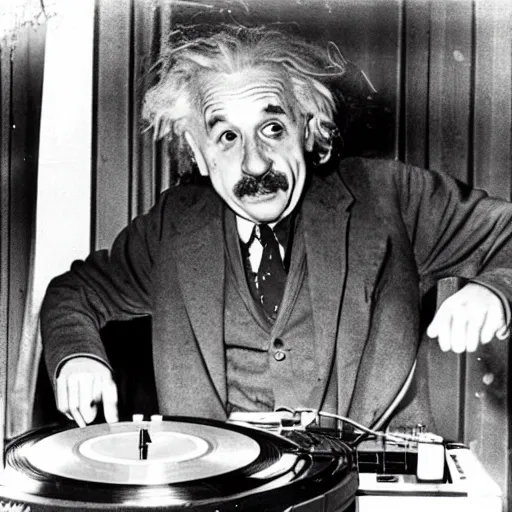 Prompt: photo of Albert Einstein DJing a record player, vintage, highly detailed facial features, at a nightclub