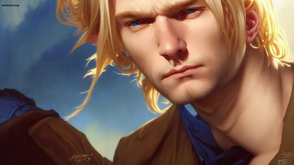 Prompt: highly detailed vfx portrait of a blond centre parting pretty boy with blue eyes by hidari, wenjun lin, alphonse mucha, sakimichan, sharp focus, art by artgerm and greg rutkowski!, backlit, harsh overhead sunlight,