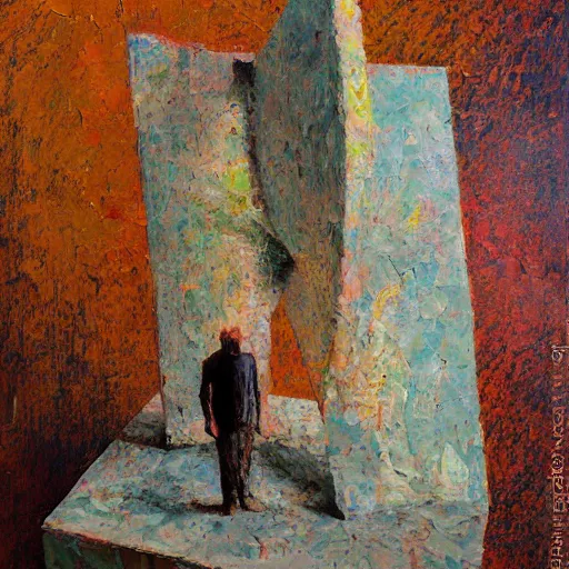 Prompt: an impasto painting by shaun tan of an abstract abandoned sculpture by the caretaker and ivan seal