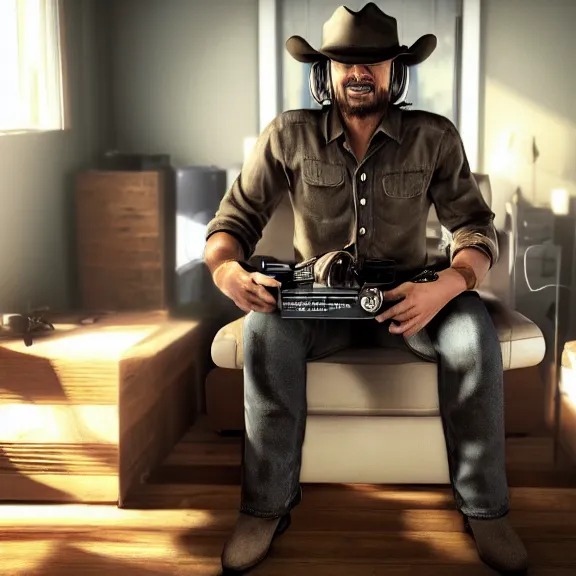 Image similar to john marston in his bedroom, playing pc games with gaming headphones on, photograph