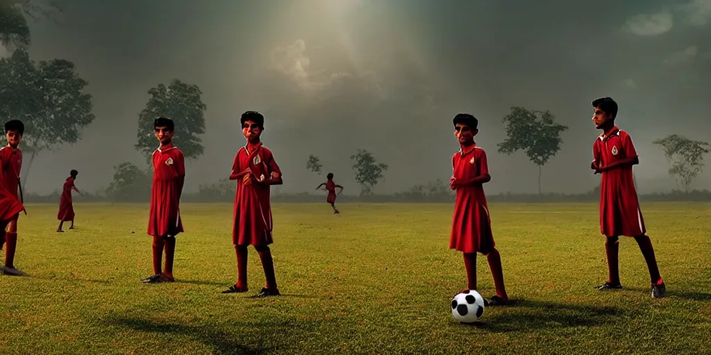 Image similar to kerala school boys playing football wearing girls dresses posing for a photo, an epic fantasy, dramatic lighting, cinematic, establishing shot, extremely high detail, photorealistic, cinematic lighting, artstation, matte painting by christopher nolan, horizon forbidden west