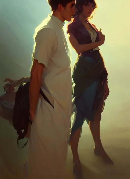 Prompt: young man and a woman, digital painting, artstation, concept art, smooth, sharp focus, illustration, art by artgerm and greg rutkowski and alphonse mucha