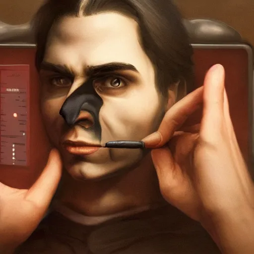 Prompt: a realistic portrait of a vampire in front of his computer hacking to get new information about the past of a person ultrawide