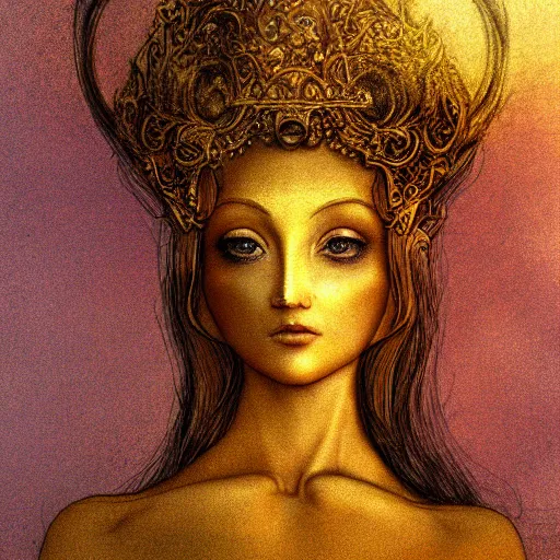 Prompt: brass woman, golden hour, illustration by Brian Froud and John Bauer, finger blend shading, vibrant, royal