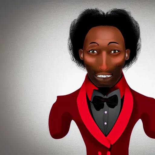 Prompt: realistic photo portrait of a black male anthropomorphic fox with long black hair over his collar bone, wearing a dark red colored tuxedo