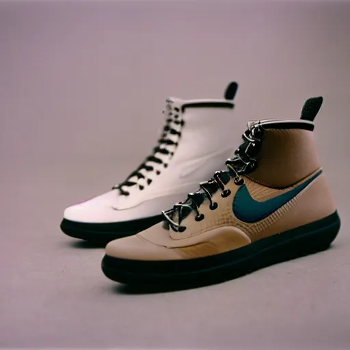 Prompt: a photoshoot of A Nike sneaker boot designed by Dieter Rams, minamalist, realistictic, color film photography by Tlyer Mitchell, 35 mm, graflex