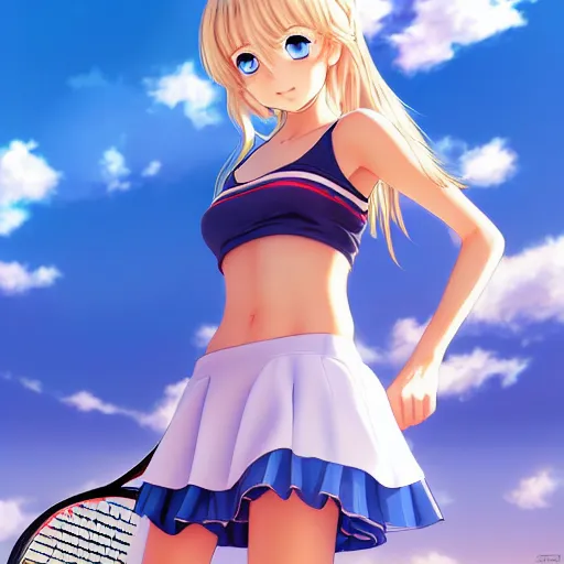 Image similar to a very beautiful young anime tennis girl, full body, long wavy blond hair, sky blue eyes, full round face, short smile, bikini, miniskirt, highly detailed, cinematic wallpaper by stanley artgerm lau