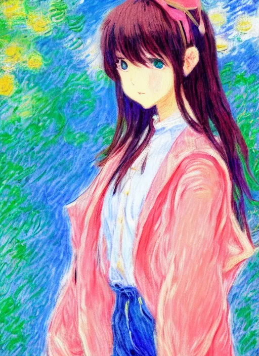 Prompt: a girl wearing thrifty clothing, very anime, trending artwork, 4 k, anime painter studio, an impressionist style by claude monet