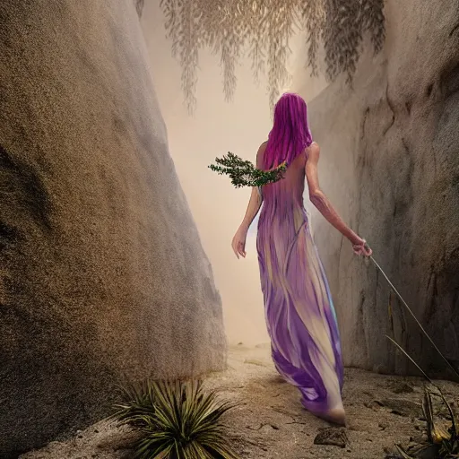 Image similar to beautiful bellidancer girl walks around Socotra among plants, flowers, trees and snags in a long transparent flowing dress and meets mystical animals, mystical insects, mystical birds, lizards, snakes, gorgeous, intricate, hypnotic dimensions, ruan jia, steve mccurry, Zdzislaw Beksinski style, sharp focus, intricate concept art, digital painting, ambient lighting, 4k, hdt, artstation trending on Gsociety, trending on ArtstationHQ, hyper quality, 16K