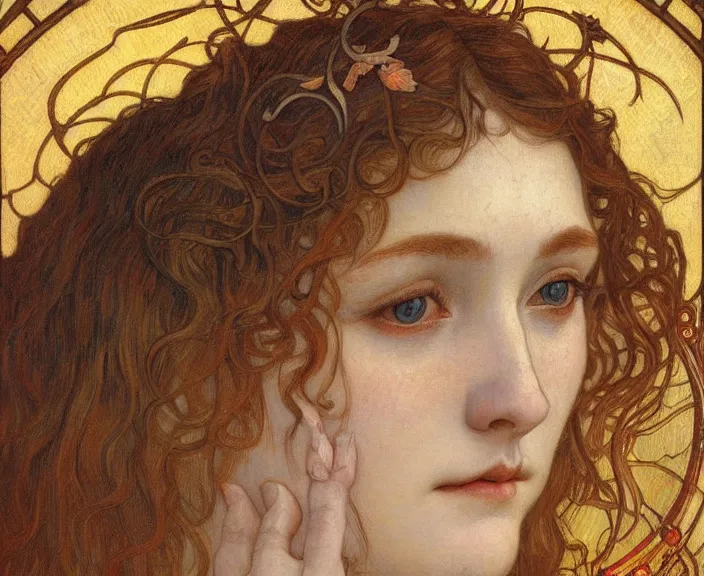 Image similar to detailed realistic beautiful young medieval queen face portrait by jean delville, alphonse mucha, vincent van gogh, and marco mazzoni, art nouveau, symbolist, visionary, gothic, pre - raphaelite