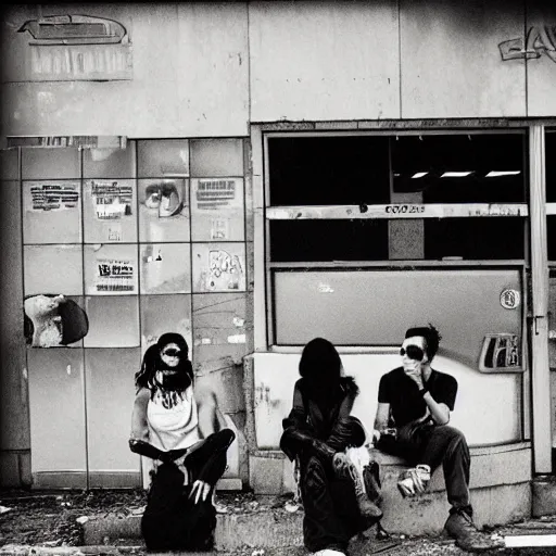 Prompt: “ group of goth punks smoking cigarettes sitting on car at an abandoned 7 - eleven convenience store, apocalyptic, photorealism, detailed ”