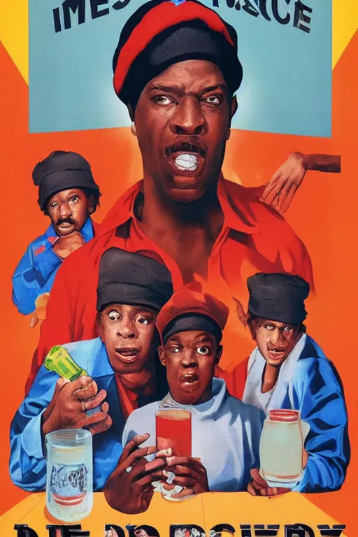 Prompt: poster the movie 1 9 8 8 ussr don't be a menace to south central while drinking your juice in the hood, perfect symmetrical eye, russian hat ushankas