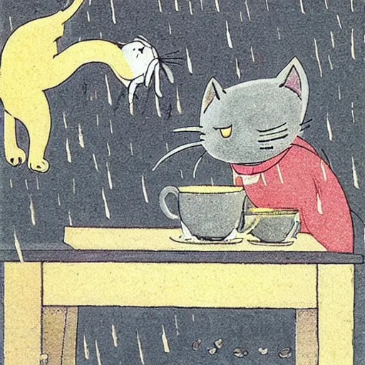 Prompt: cats drinking coffee, amongst raining coffee beans, in the style of Japanese illustration, Maurice Sendak, Tove Jansson