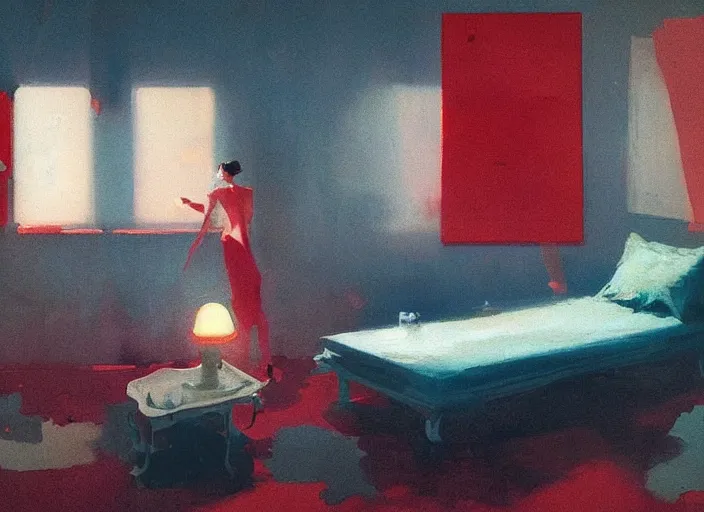 Prompt: lovers beds melting, drips of paint over screens, a lonely lamp dropping shadows, style of James Jean, John Singer Sargant, Edward Hopper and surrealism of Francis Bacon and eerie vibrating colors of Mark Rothko, Greg Rutkowski, dark atmosphere, highly detailed