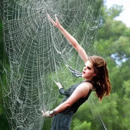 Image similar to afraid emma watson stuck and trapped in a giant spider web