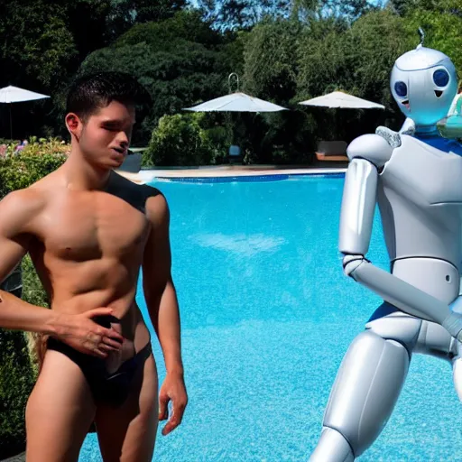 Image similar to by the pool, shiny skin, a realistic detailed photo of a guy who is an attractive humanoid who is half robot and half humanoid, showing off his muscles, twitch streamer / gamer ludwig, humanoid robot, who is a male android, on display, frozen ice statue, posing like a statue, made of ice, blank stare