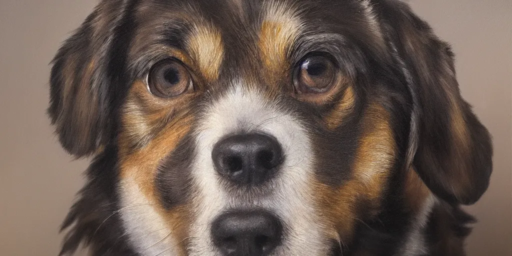 Prompt: a mutt, cinematic lighting, detailed oil painting, hyperrealistic, 8k