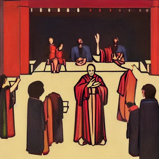 Image similar to a realistic oil painting of baby priest giving orders to its congregation of followers. art deco style mixed with retro japanese book art