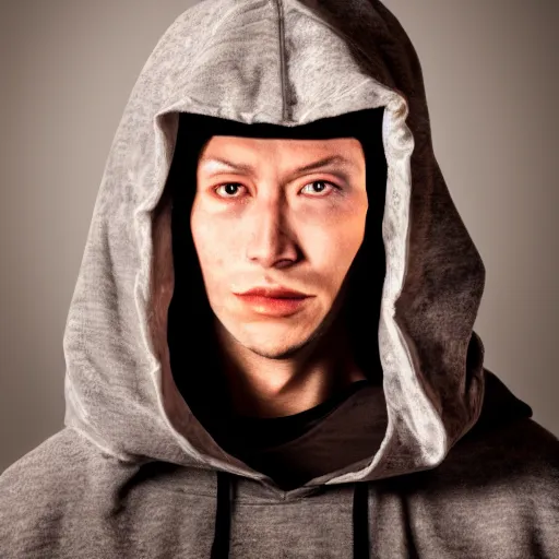 Image similar to medium shot 3 / 4 portrait of a hooded human whose been surgically embellished with computer circuitry and devices, piercing glare in the eyes, dark bokeh in background, light from top right, diverse textures