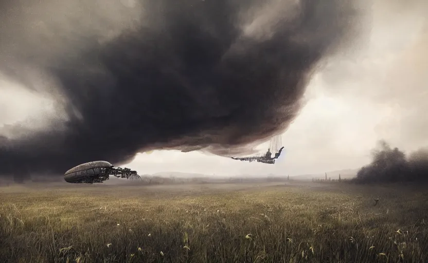 Prompt: an immense steampunk airship crashed and burning in a field, thick black smoke billowing, turbulent storm clouds, dystopian, fog, sharp focus, octane render, imax