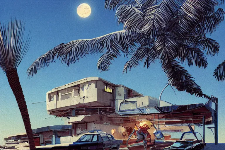 Image similar to broken robot | abandoned motel | palm trees | snowy mountains | moon in sky, painting by syd mead and weta studio and moebius and james jean and frank frazetta, highly detailed, rule of third, soft lighting, architectural magazine, beautiful detailed, insanely intricate details, artstation trending, hypermaximalistic, high details, cinematic