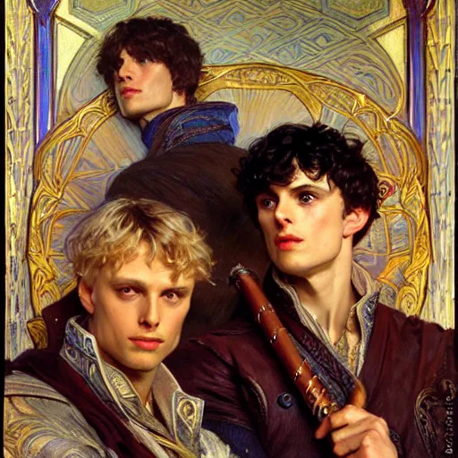 Image similar to arthur pendragon and merlin. focus on their faces. highly detailed painting by gaston bussiere, j. c. leyendecker, alphonse mucha, greg rutkowski, 8 k