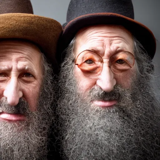 Prompt: UHD candid photo of two Rabbis with orange skin, accurate faces, UHD, photorealistic, correct faces, photo by Annie Leibowitz