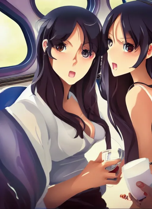 Prompt: two beautiful mothers on the train, summer clothes, gorgeous faces, thick lines, cinematic lighting, detailed anime art