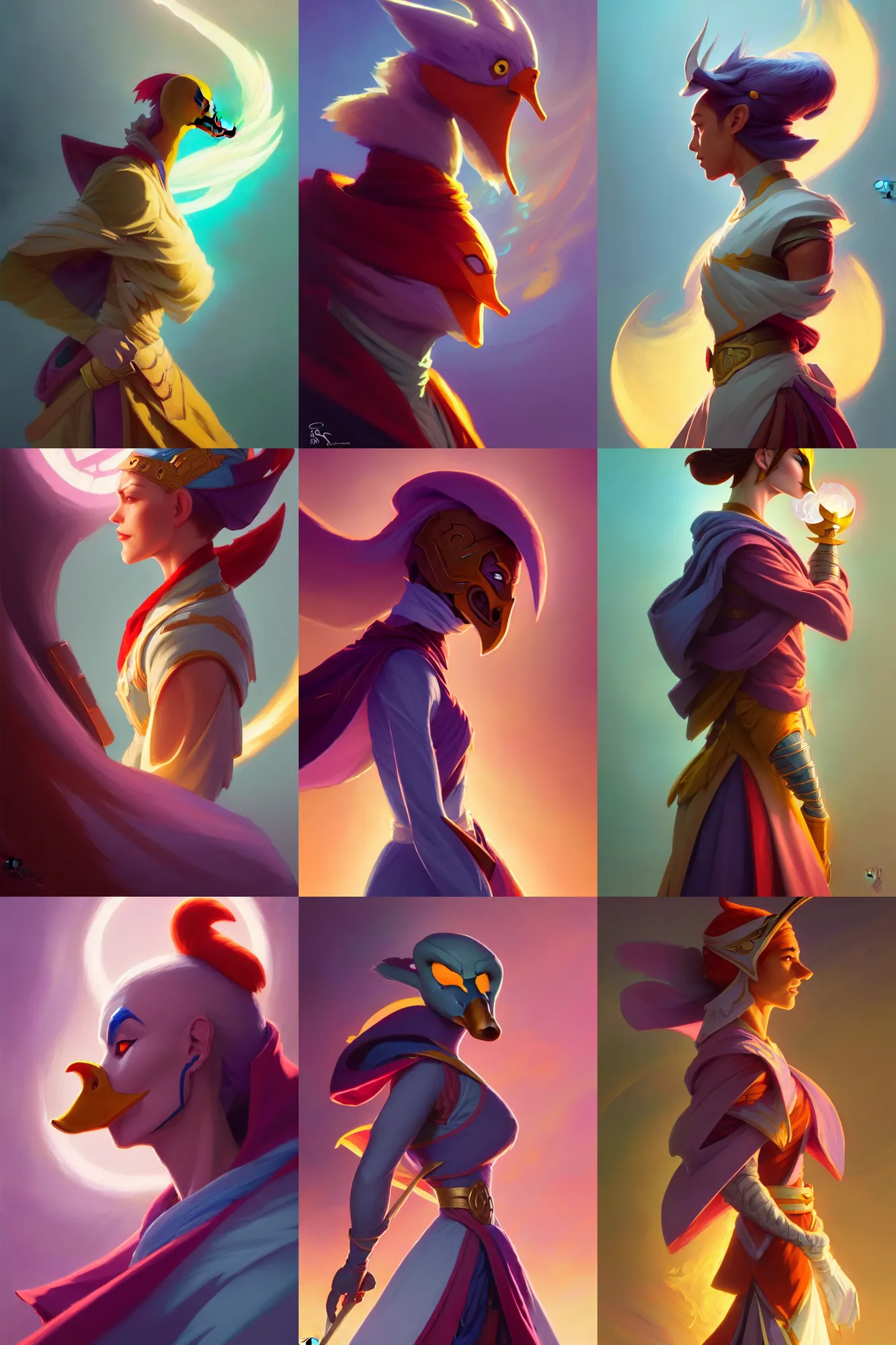 Prompt: side profile, cursed anthropomorphic duck warrior, pathfinder, lol character, dota character, robes, elegant, smooth, bright backlit, colorful swirly magic ripples, pastel colors, by greg rutkowski, jesper ejsing, ilya kuvshinov, artgerm, mucha