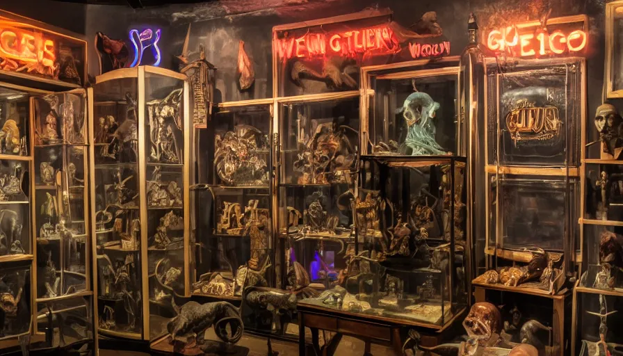 Prompt: museum of occult objects, cabinets, neon sign that says grw, witches, dark, realistic, intimidating