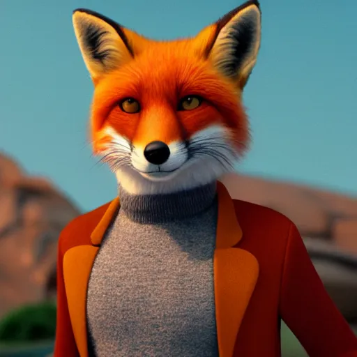 Prompt: red fox, in the style of pixar, character art, movie still,