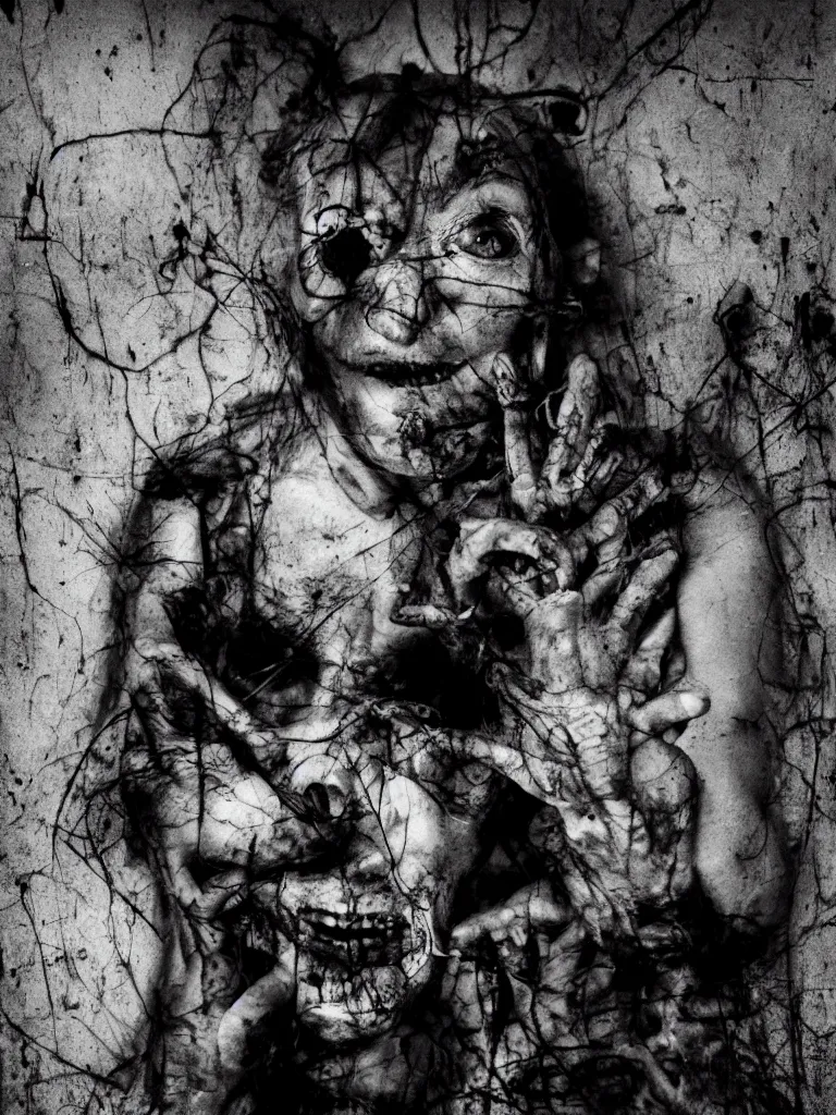 Image similar to horror movie poster in the style of roger ballen, 4 k, bw, portrait, one - sheet size