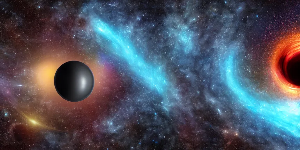Image similar to in the foreground one colored black hole in the center eating a planet, space in the background , photorealistic, hyperrealism, cinematic