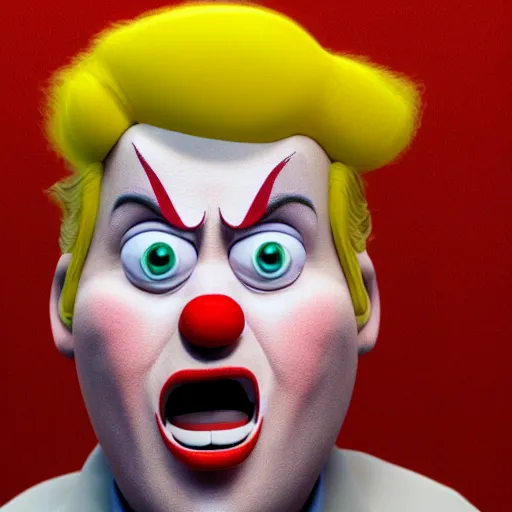 Image similar to Donald Trump as a clown with a yellow wig by Pixar, 3d render, octane render, 4k