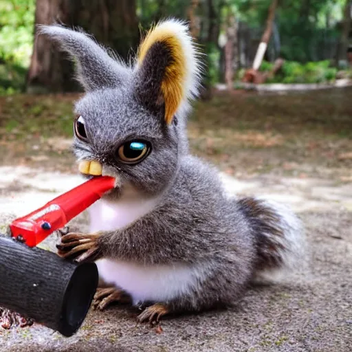 Prompt: trialcam footage of a long furby eating a squirrel