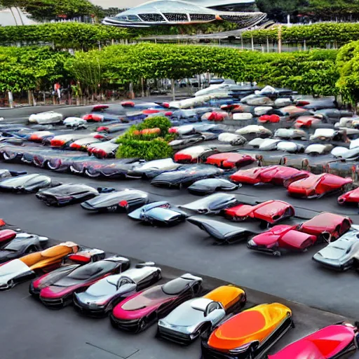 Prompt: large group of cars parking at garden by the bay in Singapore, photorealistic, ultra-detailed, high resolution