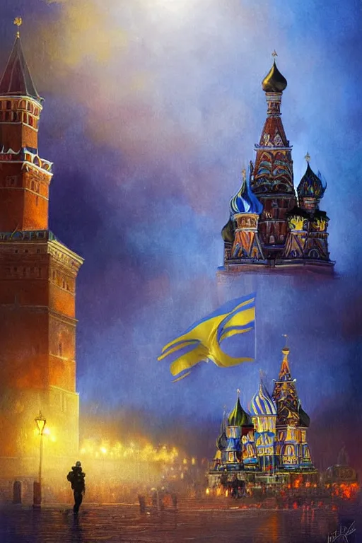 Image similar to special forces soldier installin ukrainian blue and yellow flag on red square kremlin, masculine figure, d & d, fantasy, bright atmosphere, volumetric lights, intricate, elegant, extremely detailed, digital painting, artstation, concept art, matte, smooth, sharp focus, hyper realistic, illustration, art by artgerm and greg rutkowski and alphonse mucha