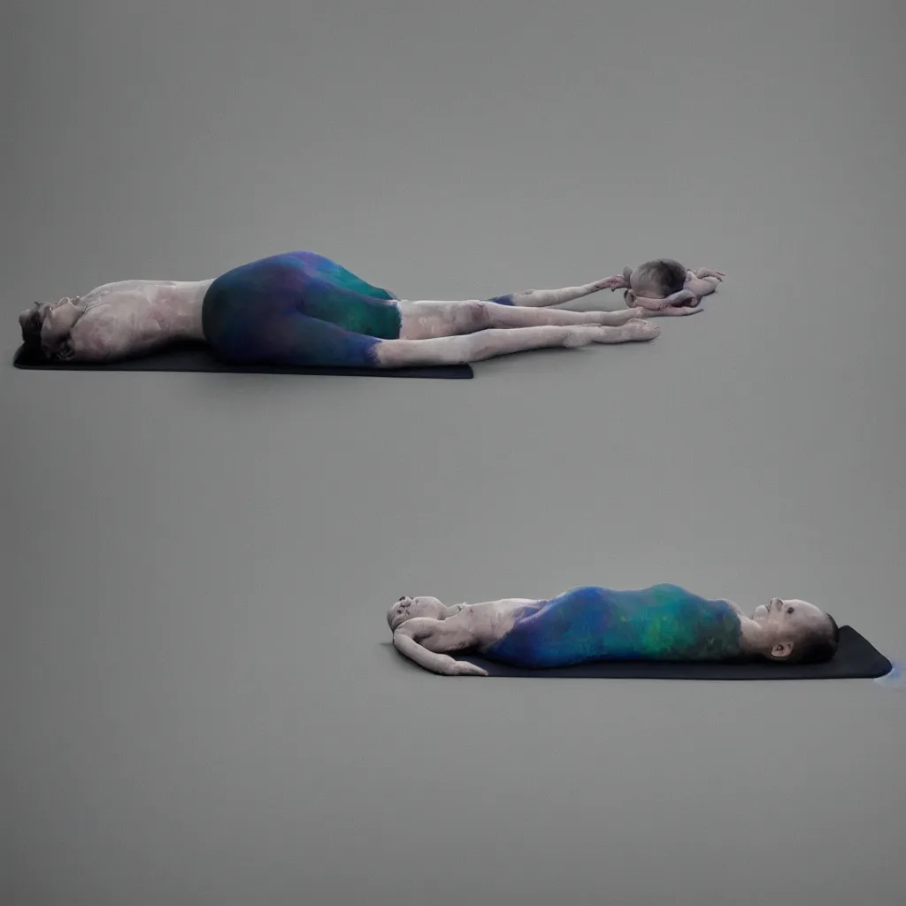 Image similar to cinestill of iridiscent oil with corpses connected by ethernet cables to wax technical forms to a buried baby relaxing on yoga mat, faded, iridiscent gradient, fog, depth of field, blur, very detailed, by nadav kander and hans bellmer, 8 k, ultrarealistic, sad atmosphere, cinematic, 8 5 mm lens