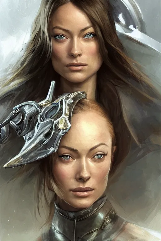 Image similar to a professional painting of a young Olivia Wilde, clothes in military armor, olive skin, long dark hair, beautiful bone structure, symmetrical facial features, intricate, elegant, digital painting, concept art, smooth, sharp focus, illustration, from StarCraft by Ruan Jia and Mandy Jurgens and Artgerm and William-Adolphe Bouguerea