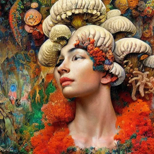 Image similar to a sculpture portrait made of smoke mushrooms and coral reefs and crystals and plants, painting part by wojciech siudmak, part by ilya repin, part by max ernst, part by norman rockwell, artstation