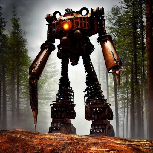 Image similar to steampunk colossal mech battle robot standing a swedish forest very low angle photograph trending on artstation. Highly detailed. Artstation. 3d render. Unreal engine. 4k. 8k. Hyperrealism.