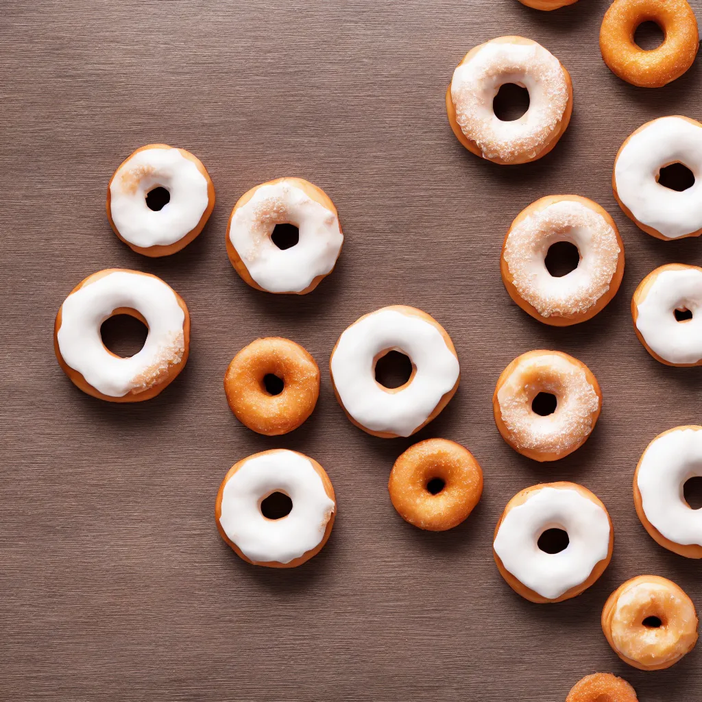 Prompt: top-down view with doughnuts top of a wooden table, wallpaper, 4k, photorealistic