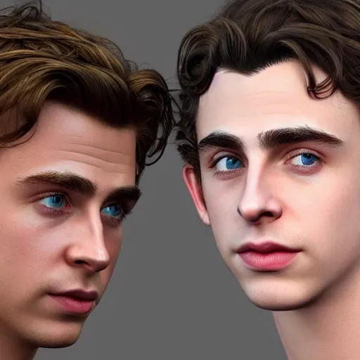 Image similar to Young Chris Hemsworth and Old Timothee Chalamet crossbreed, rendered in 3D by Xie Boli, trending on artstation, 4k, 8k, photorealistic imagery, photorealistic details, intricate, highly detailed